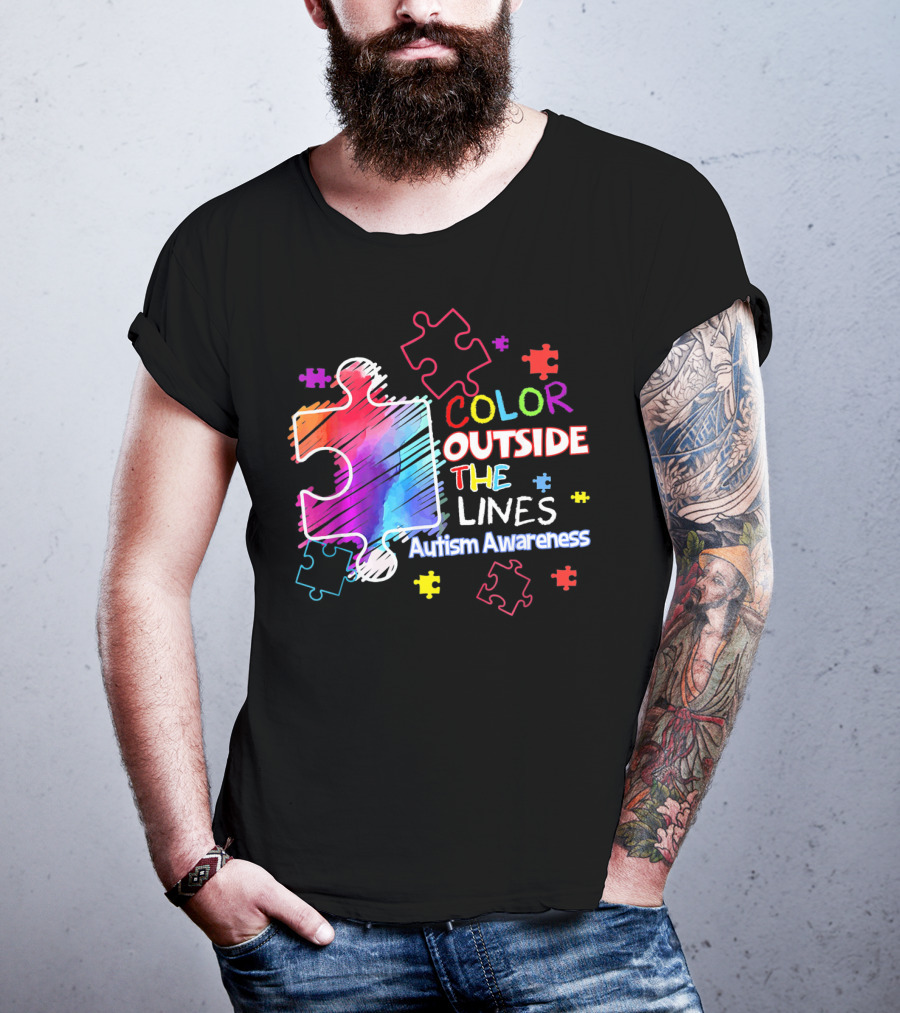 Autism Awareness Color Outside The Lines Puzzle Pieces T-Shirt