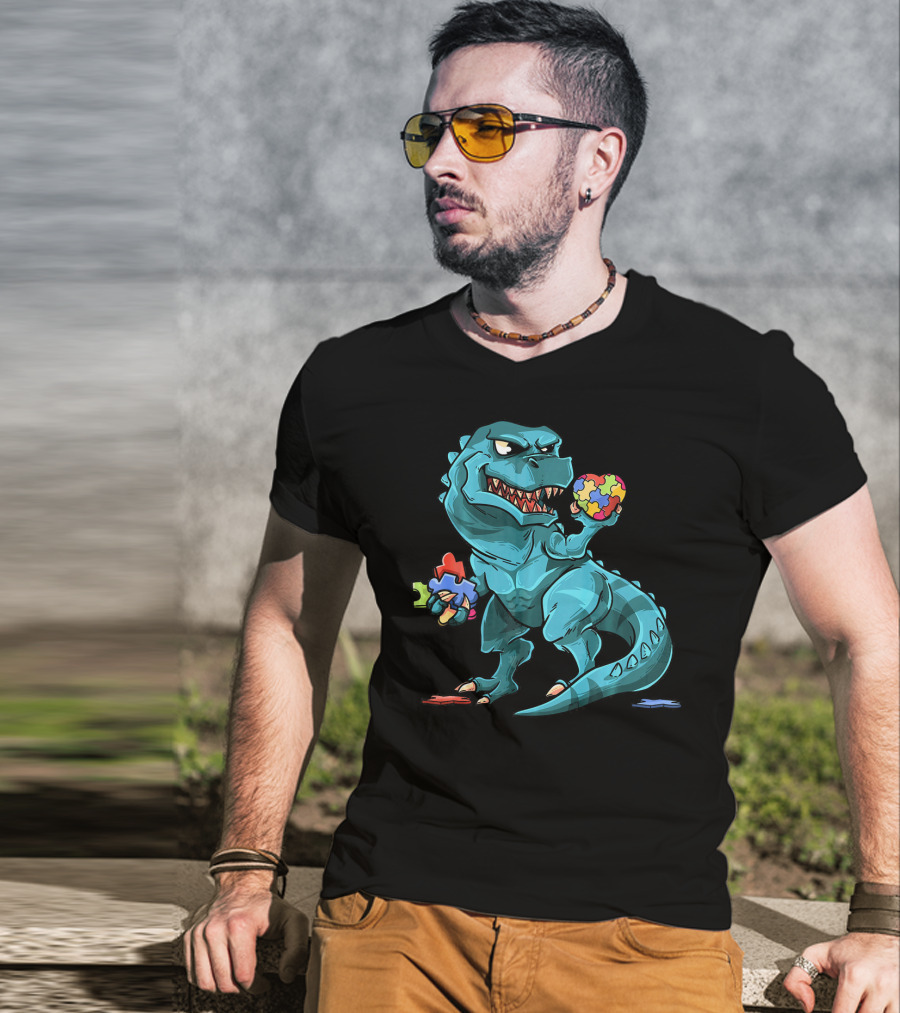 Autism Awareness Dinosaur Puzzle Rex Heart T-Shirt