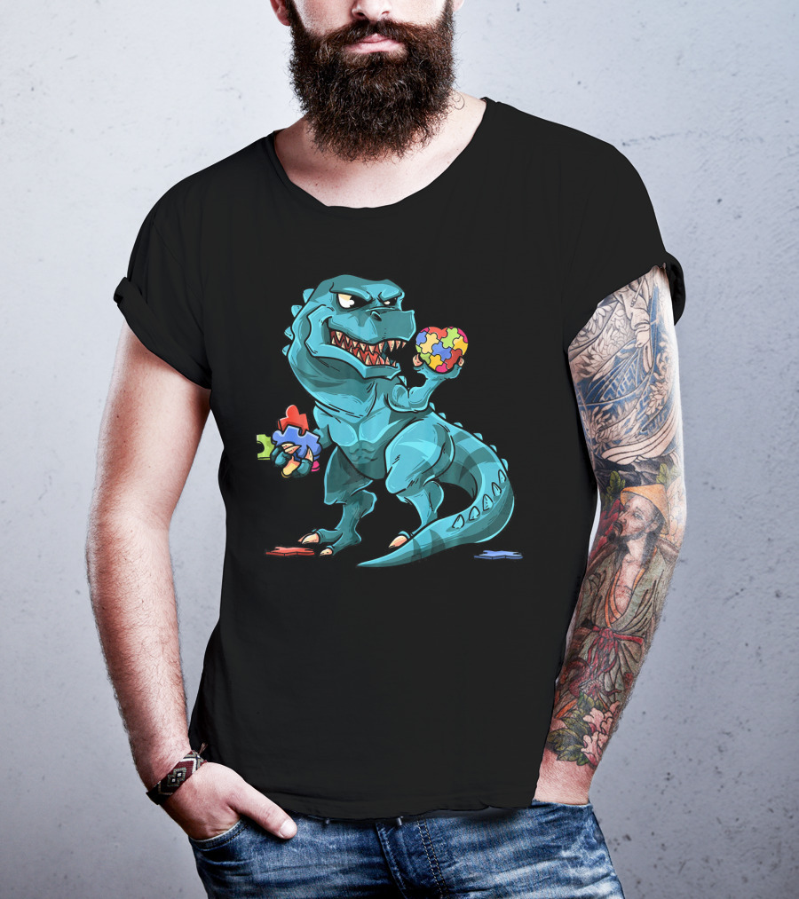 Autism Awareness Dinosaur Puzzle Rex Heart T-Shirt