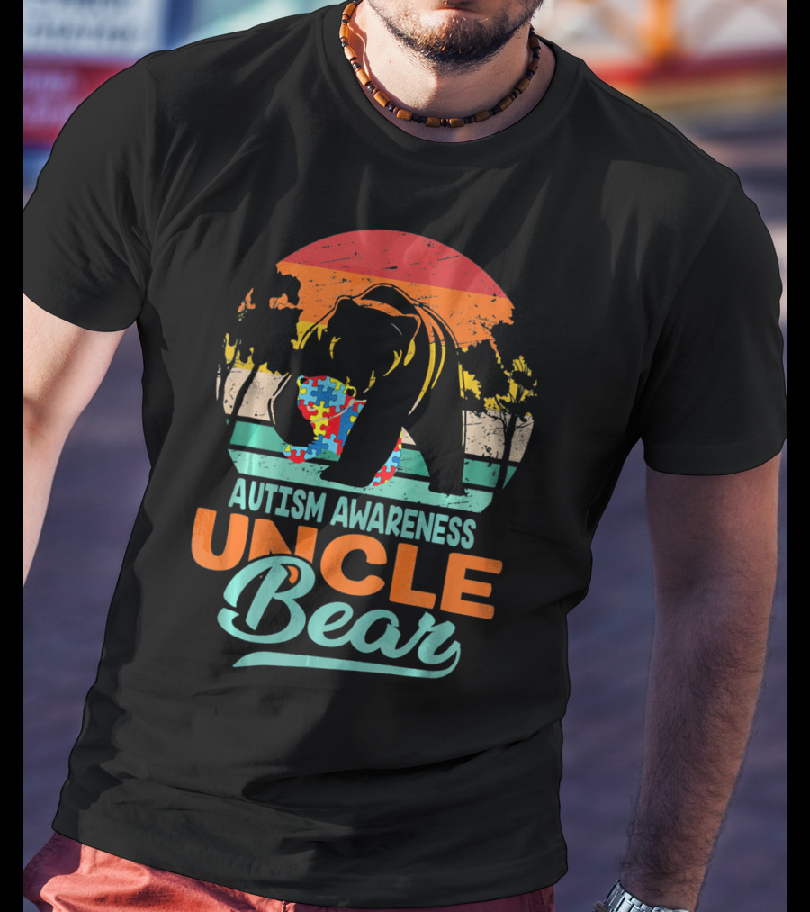 Autism Awareness Uncle Bear Puzzle Sunset T-Shirt
