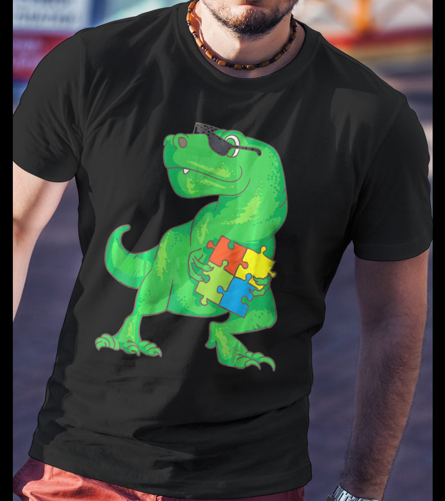 Autism Awareness Month Dinosaur Holding Puzzle Pieces T-Shirt