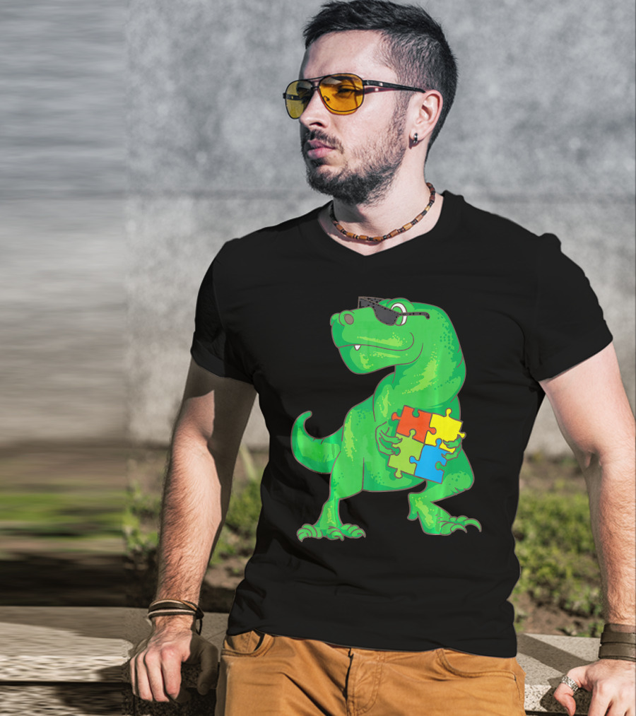 Autism Awareness Month Dinosaur Holding Puzzle Pieces T-Shirt