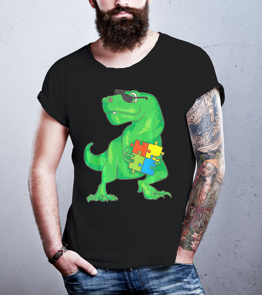 Autism Awareness Month Dinosaur Holding Puzzle Pieces T-Shirt