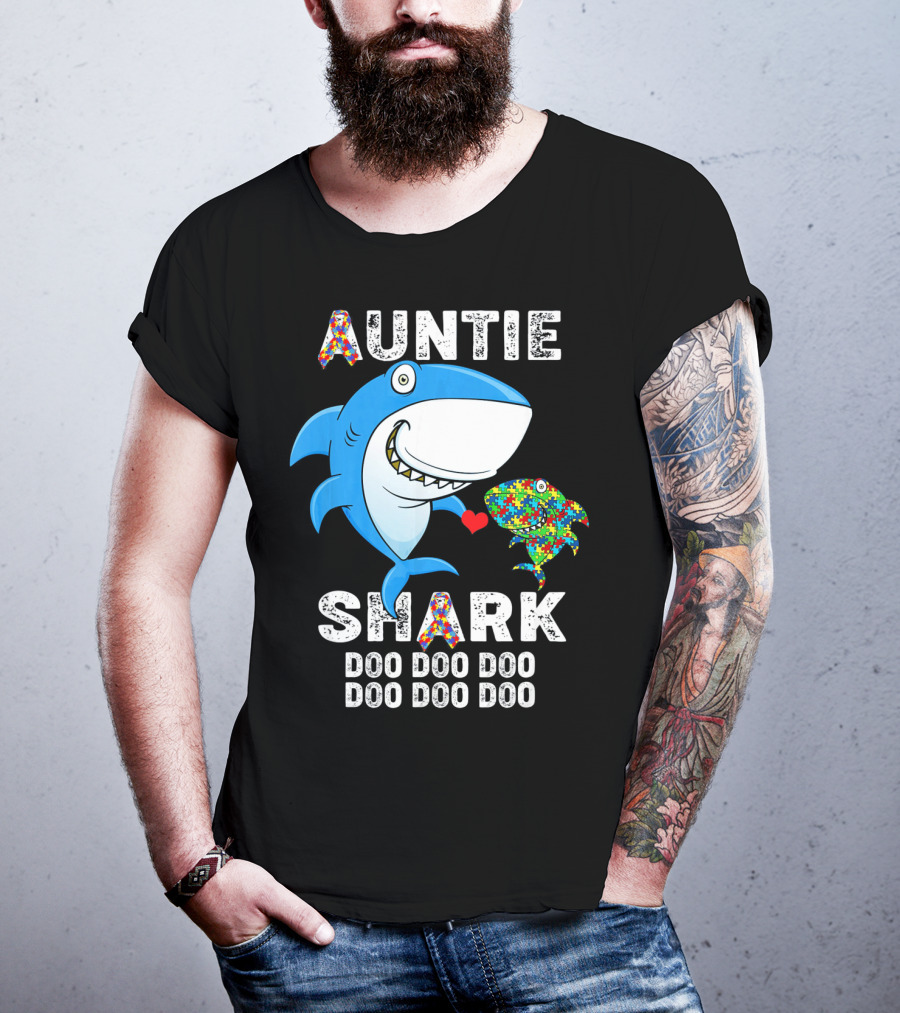 Auntie Shark Doo Doo Doo Autism Awareness Aunt T-Shirt
