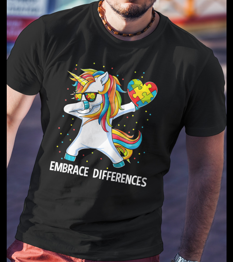Embrace Differences Autism Awareness Unicorn Dab Puzzle Heart T-Shirt