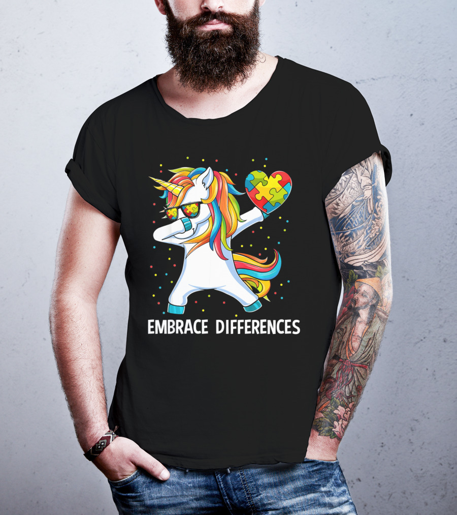 Embrace Differences Autism Awareness Unicorn Dab Puzzle Heart T-Shirt