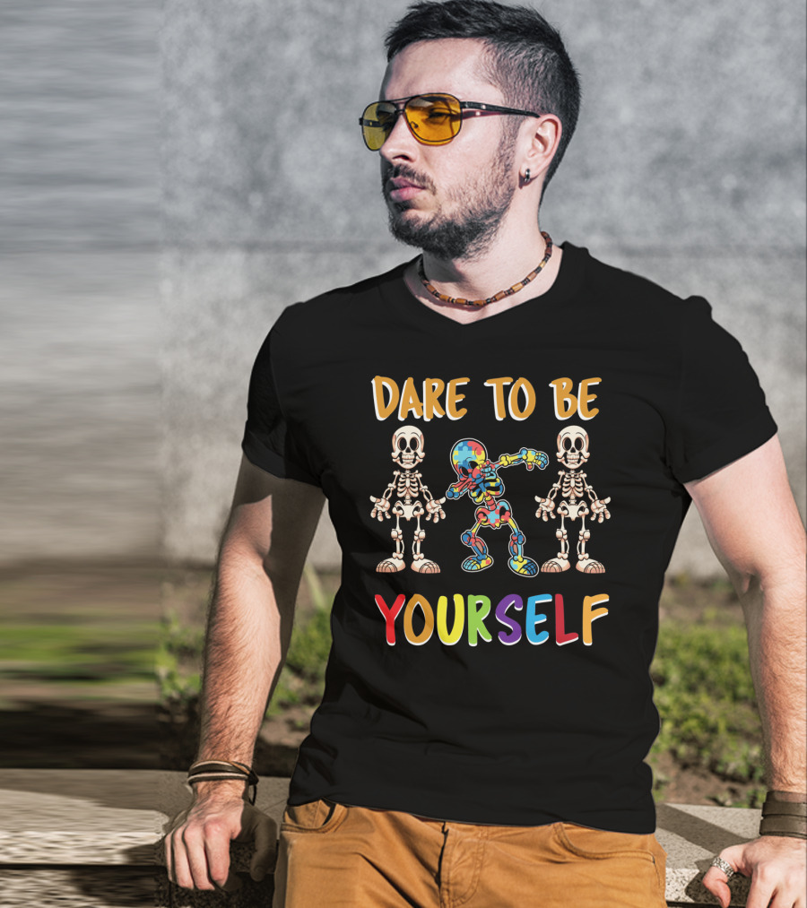 Dare To Be Yourself Autism Awareness Day Skeleton Dabbing T-Shirt