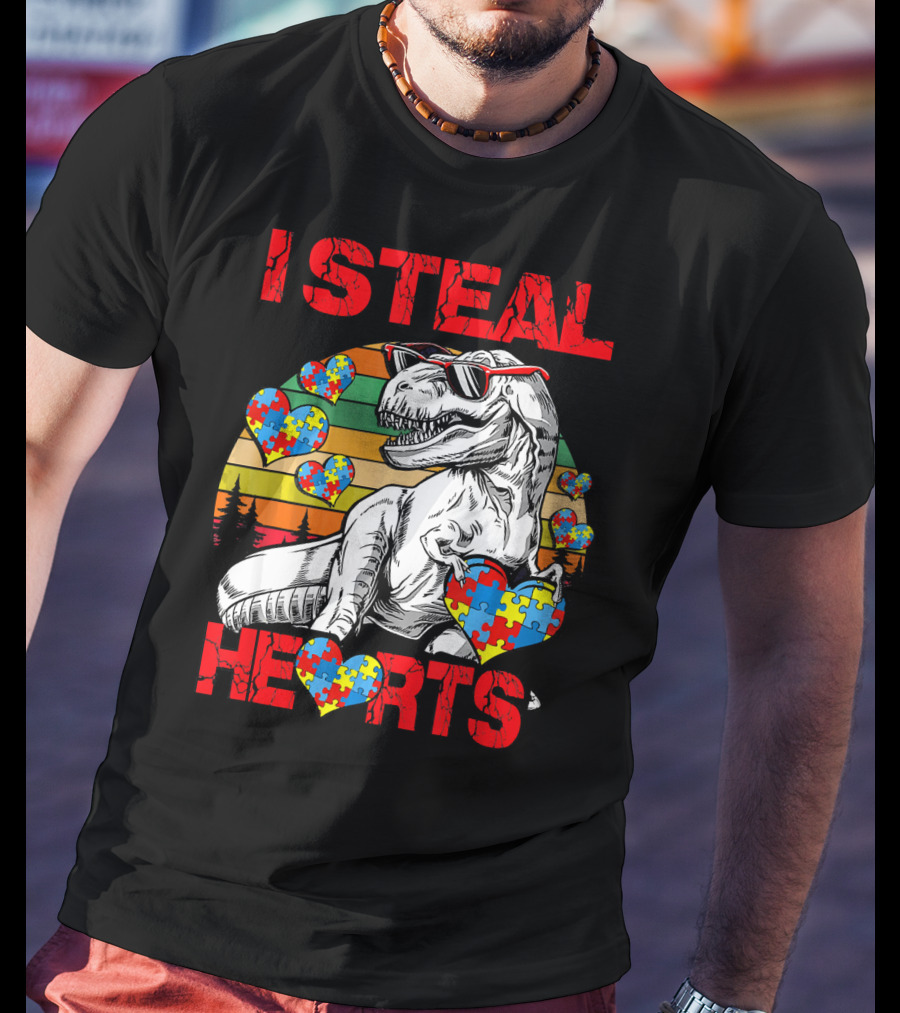 I Steal Hearts Autism Awareness Vintage Dinosaur T-Shirt