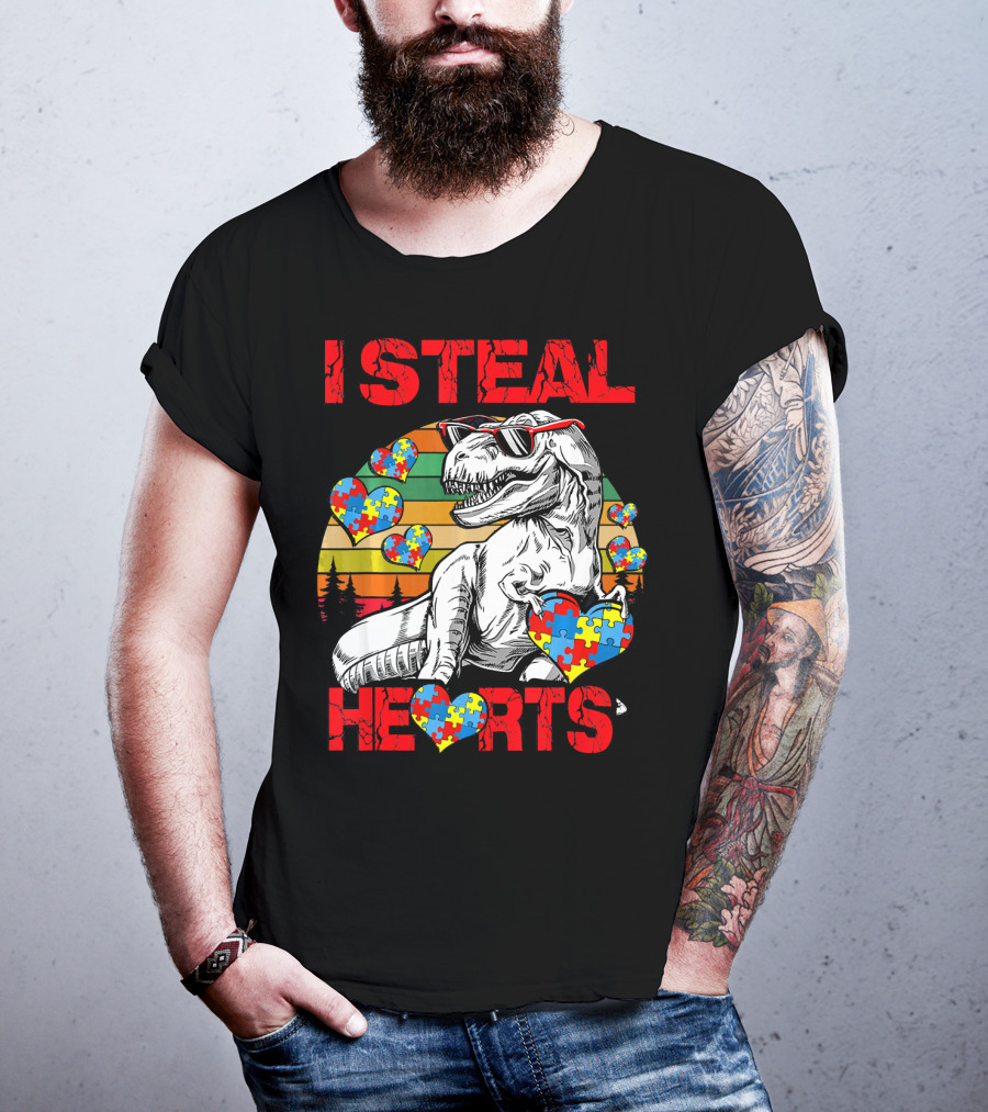 I Steal Hearts Autism Awareness Vintage Dinosaur T-Shirt