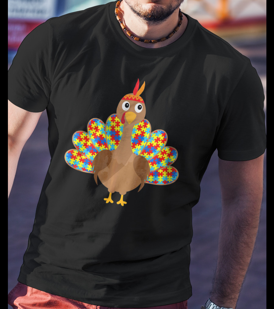 Cute Turkey With Autism Awareness Puzzle Pattern Tail T-Shirt