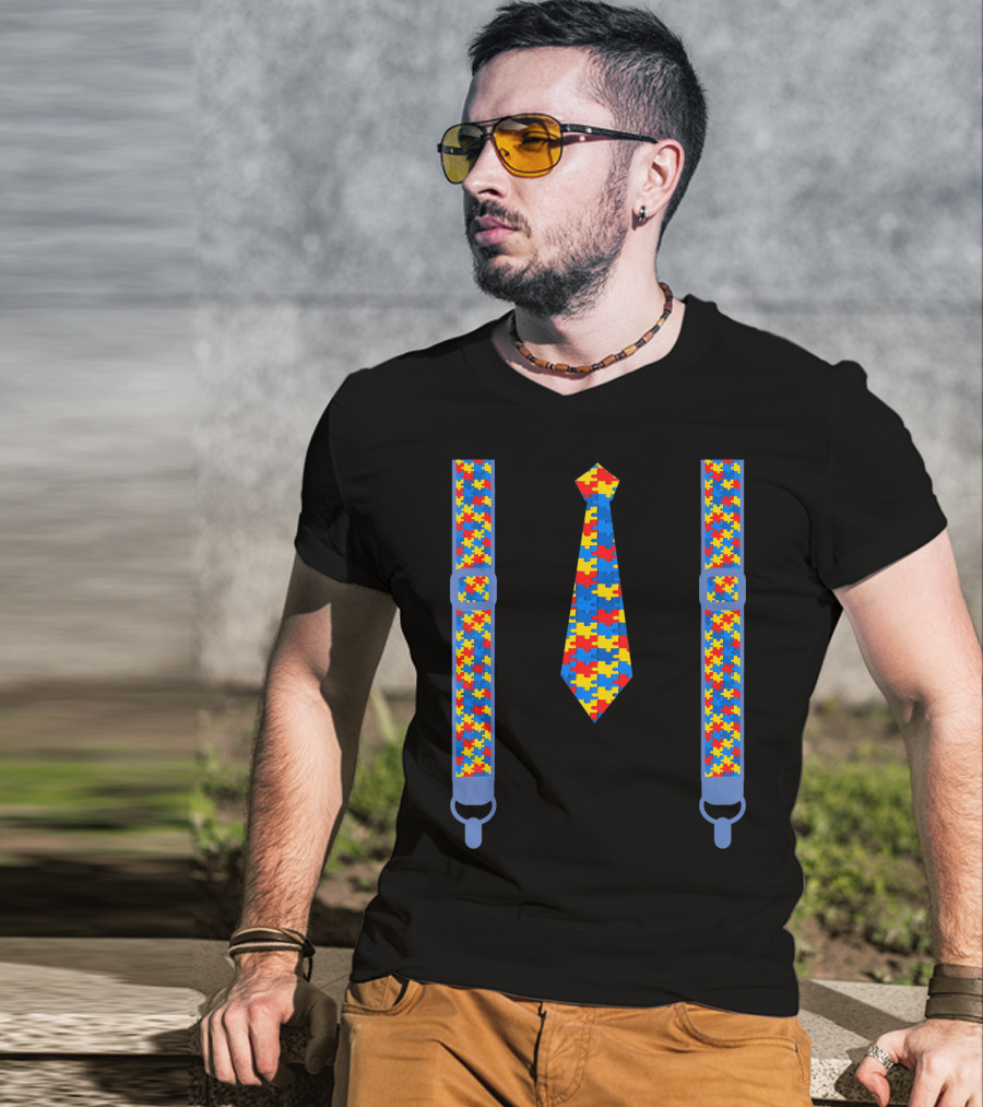 Autism Awareness Tie And Suspenders Puzzle T-Shirt