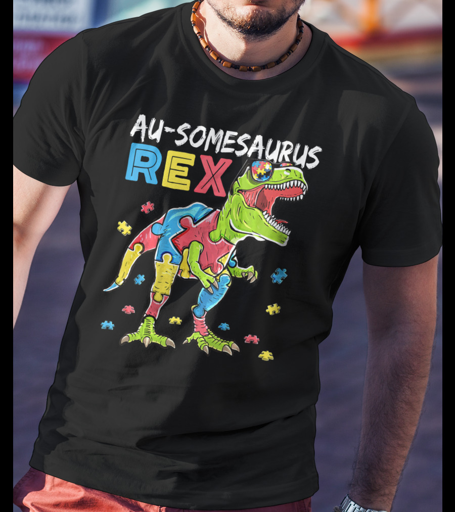 Au-somesaurus Rex Dinosaur Autism Awareness Puzzle Pieces T-Shirt