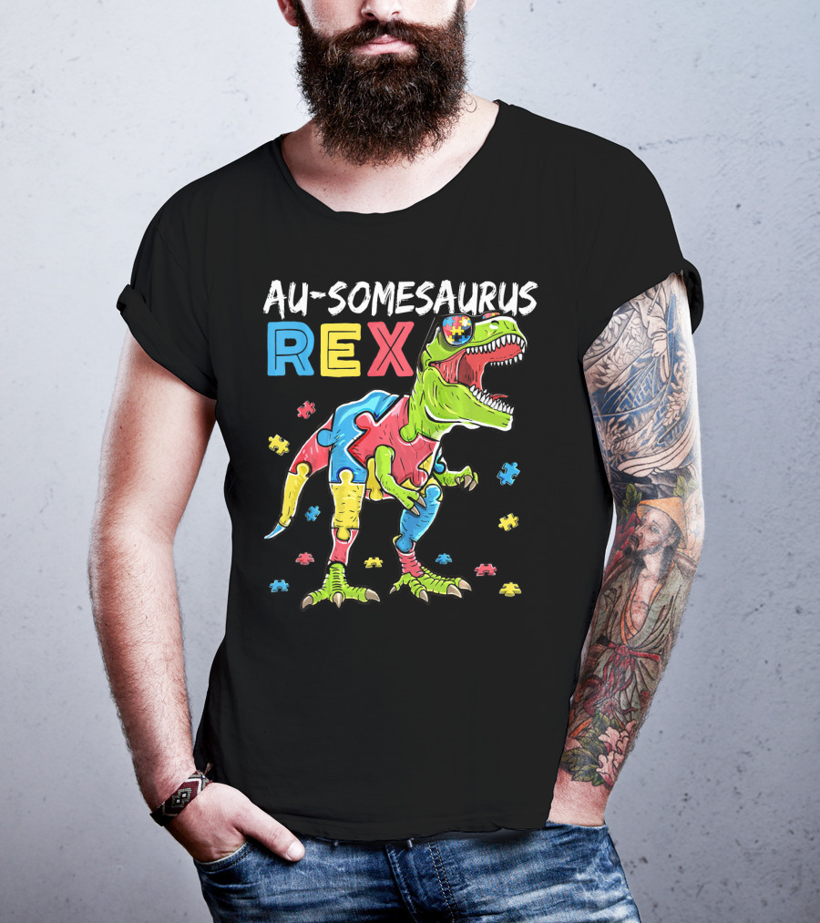 Au-somesaurus Rex Dinosaur Autism Awareness Puzzle Pieces T-Shirt