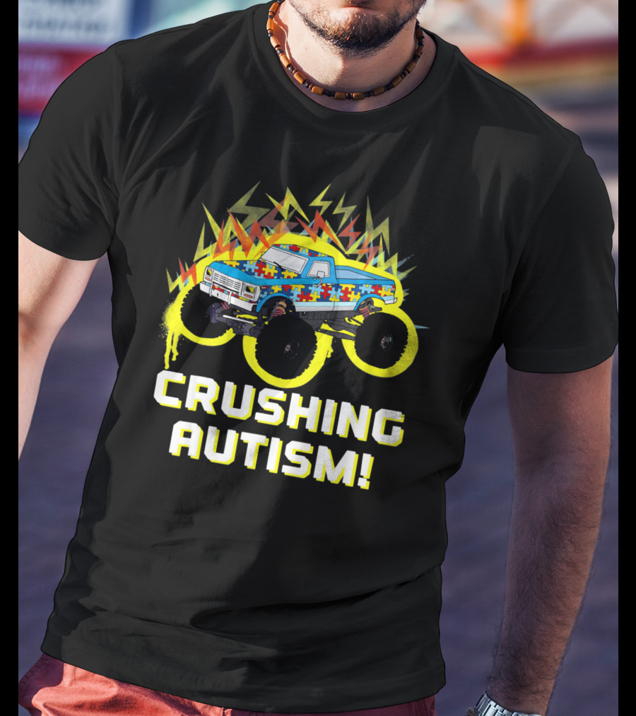 Crushing Autism Awareness Monster Truck With Puzzle Pattern And Lightning T-Shirt