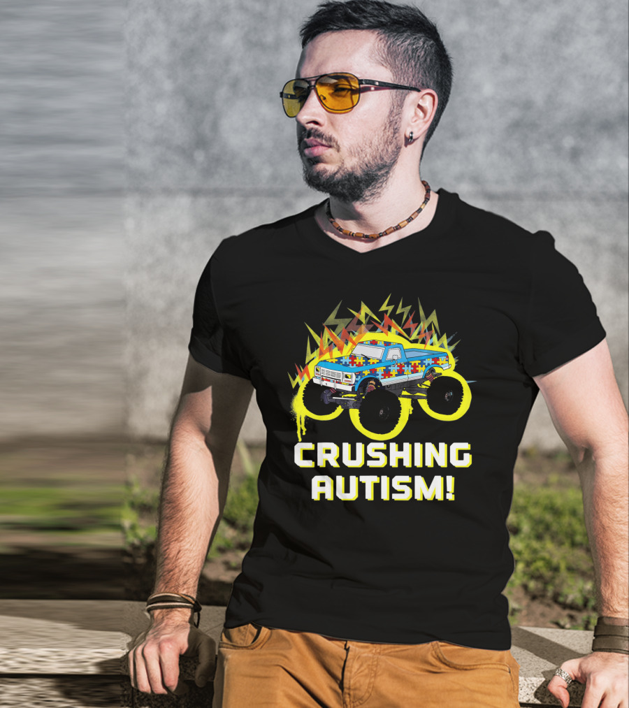 Crushing Autism Awareness Monster Truck With Puzzle Pattern And Lightning T-Shirt