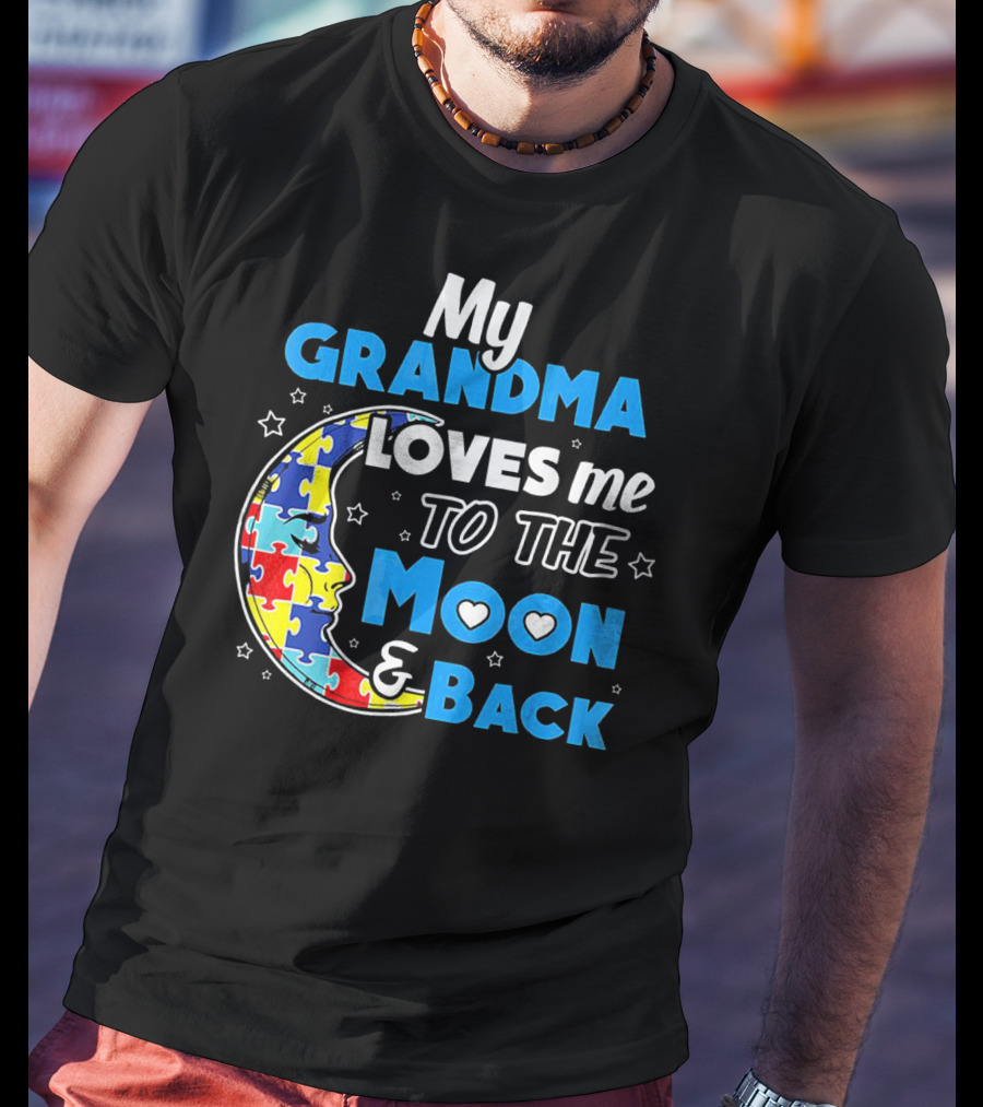 My Grandma Loves Me To The Moon And Back Puzzle Piece Moon Hearts Stars T-Shirt