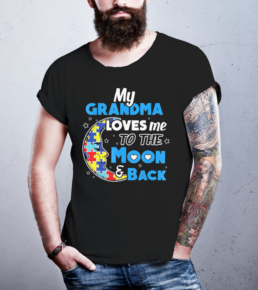 My Grandma Loves Me To The Moon And Back Puzzle Piece Moon Hearts Stars T-Shirt