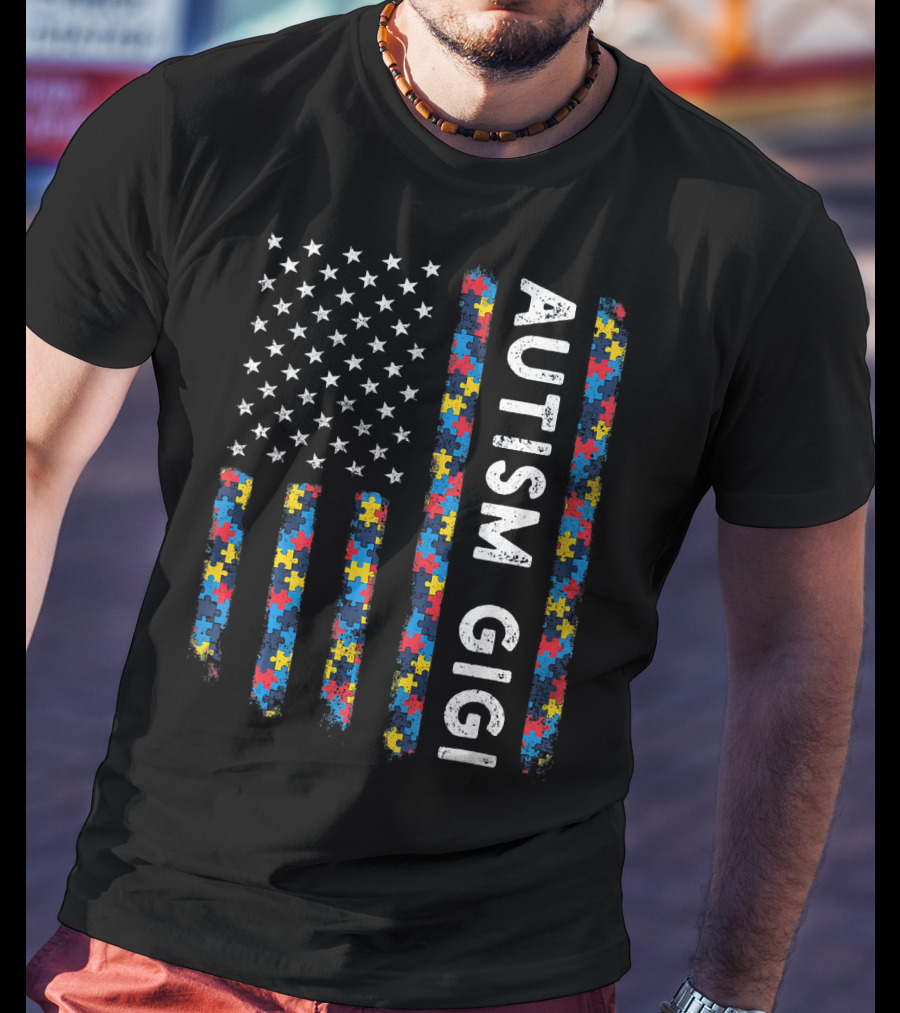 Autism Gigi American Flag Puzzle Piece Awareness T-Shirt