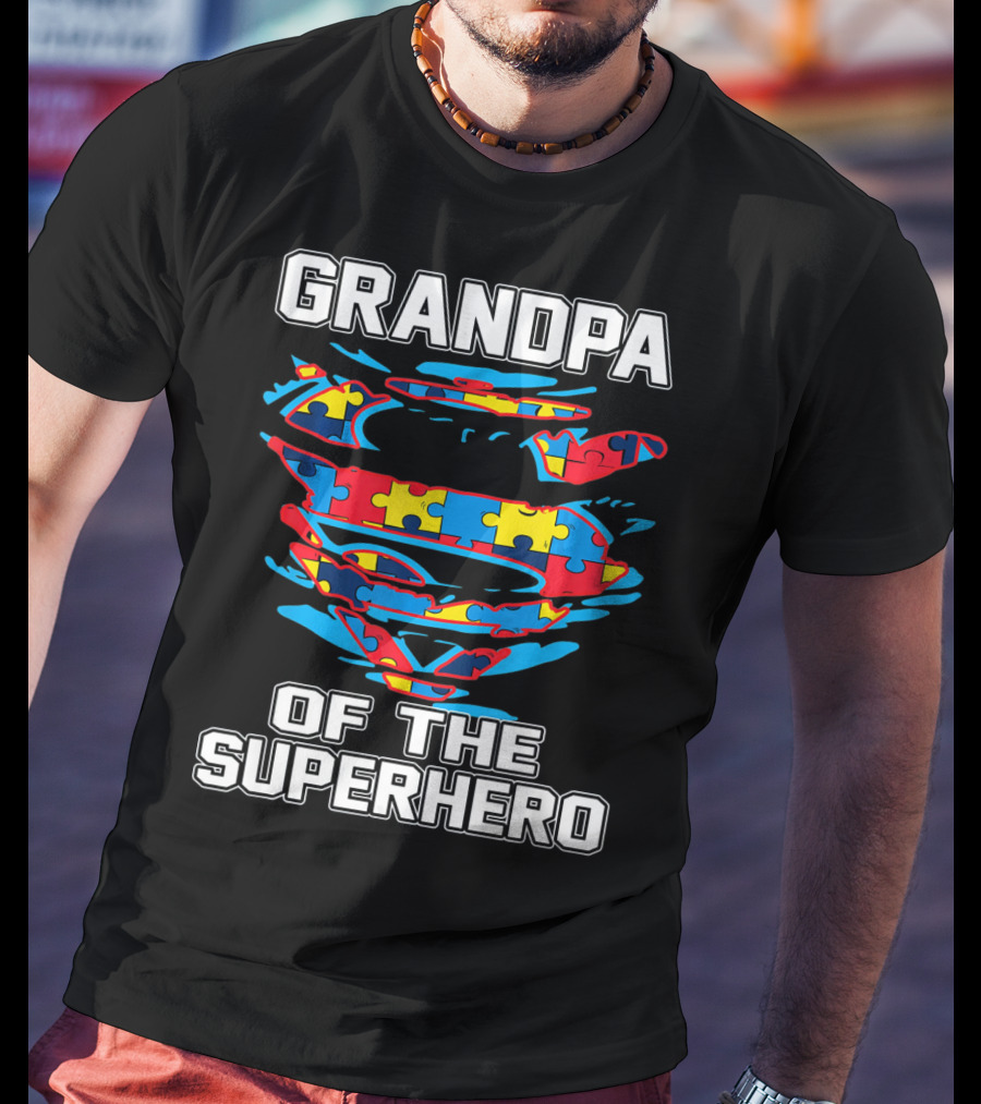 Grandpa Of The Superhero Autism Awareness Puzzle Swirl Crest T-Shirt