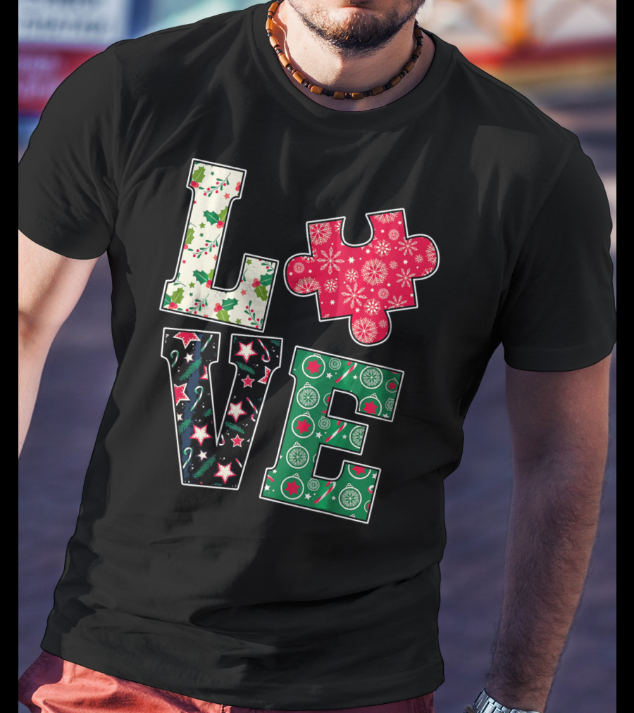 LOVE Puzzle Christmas Autism Awareness Holiday T-Shirt
