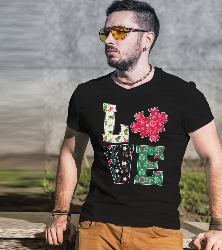 LOVE Puzzle Christmas Autism Awareness Holiday T-Shirt
