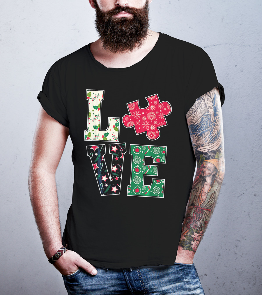 LOVE Puzzle Christmas Autism Awareness Holiday T-Shirt