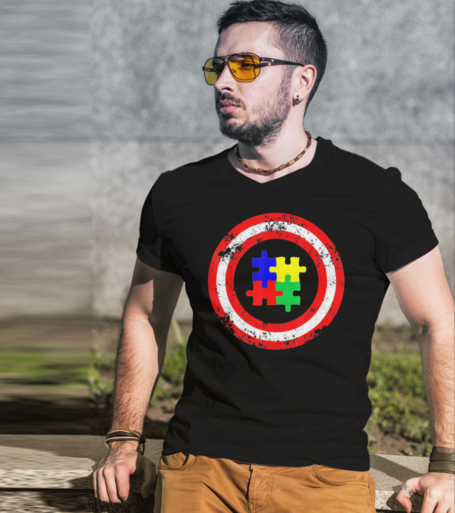 Captain Autism Awareness Shield Puzzle T-Shirt