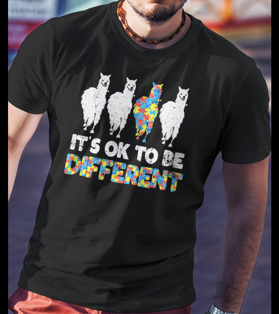 Autism Awareness Llama It's OK To Be Different Puzzle T-Shirt