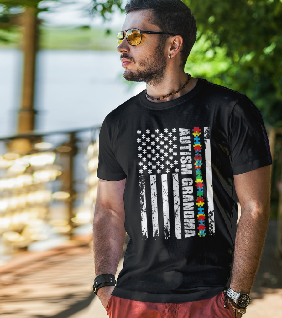 Autism Grandma American Flag Puzzle Piece Awareness T-Shirt