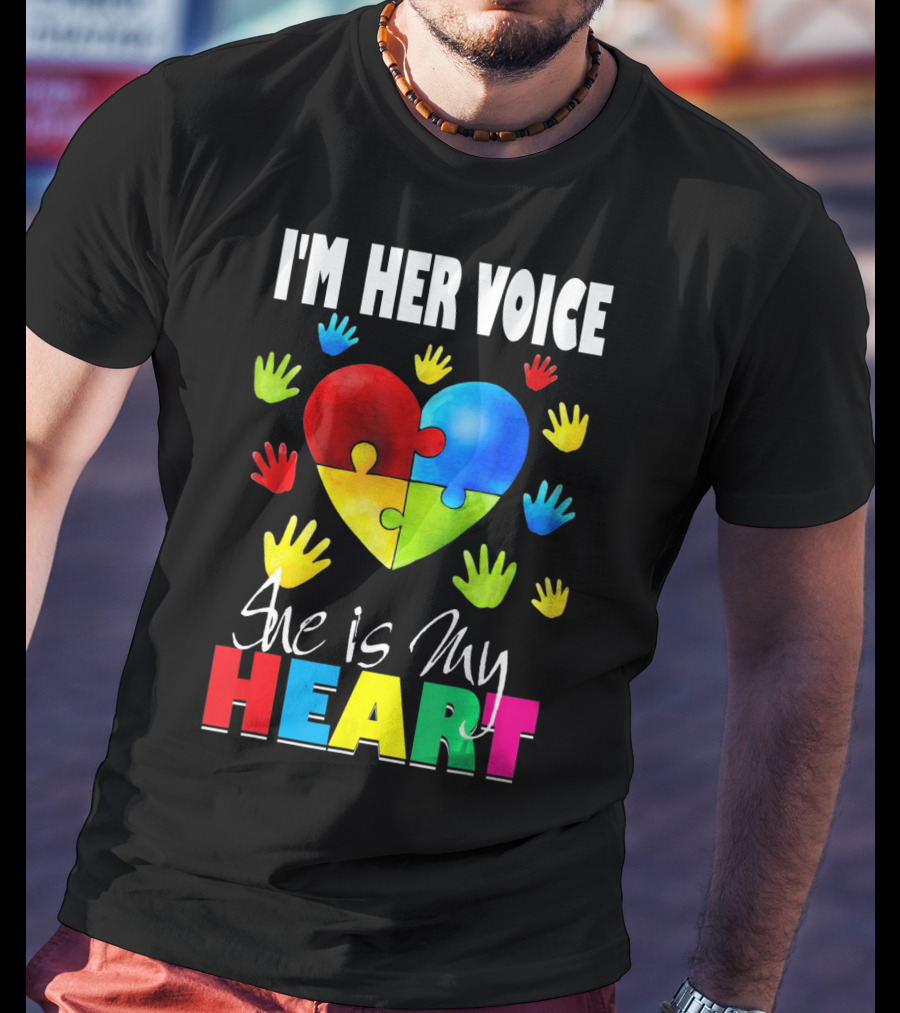 I'm Her Voice She Is My Heart Autism Awareness Puzzle Hands T-Shirt