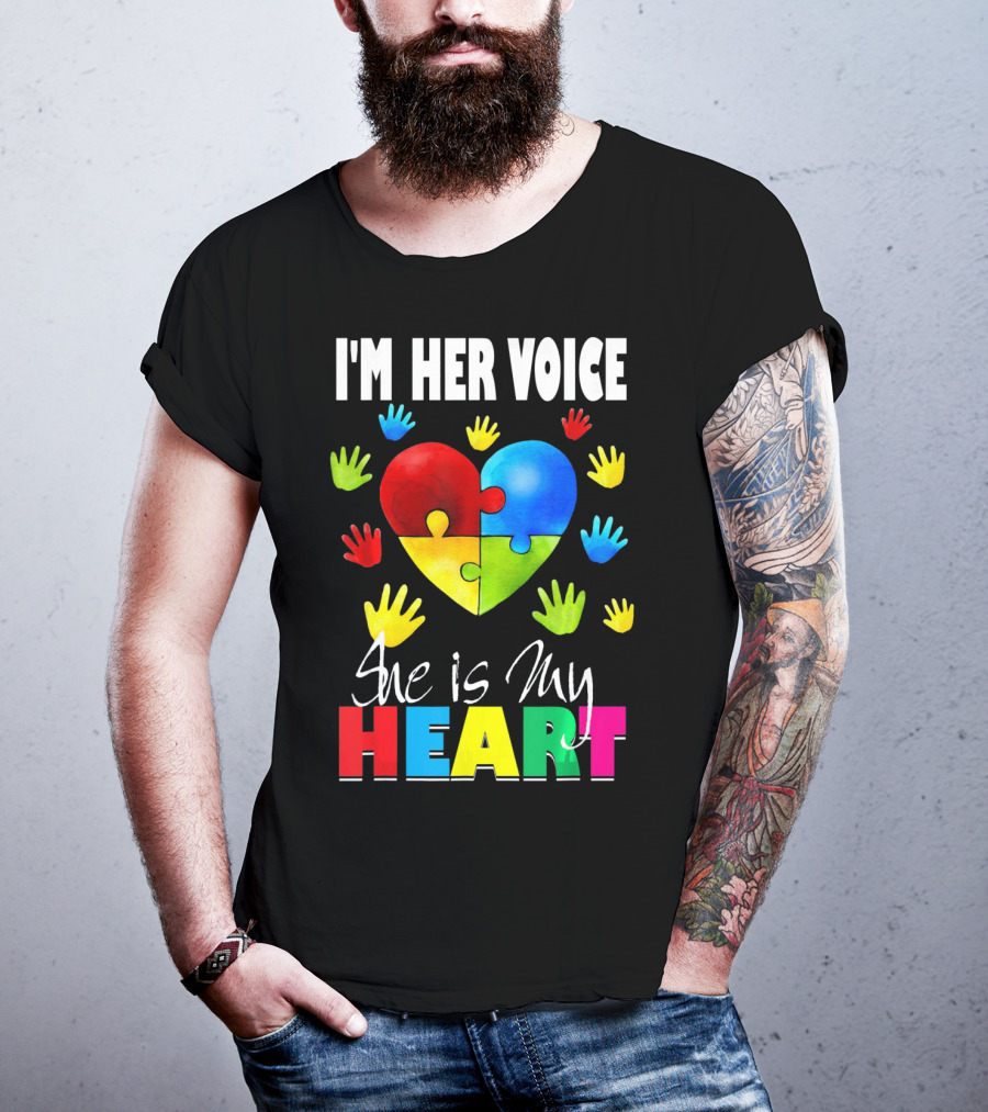 I'm Her Voice She Is My Heart Autism Awareness Puzzle Hands T-Shirt