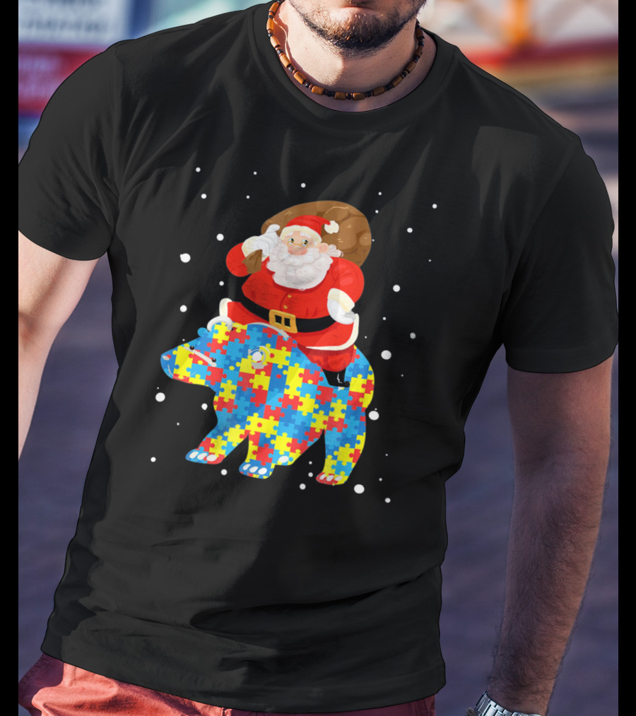 Santa Claus Riding Puzzle Bear Christmas Autism T-Shirt