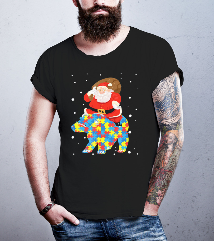 Santa Claus Riding Puzzle Bear Christmas Autism T-Shirt