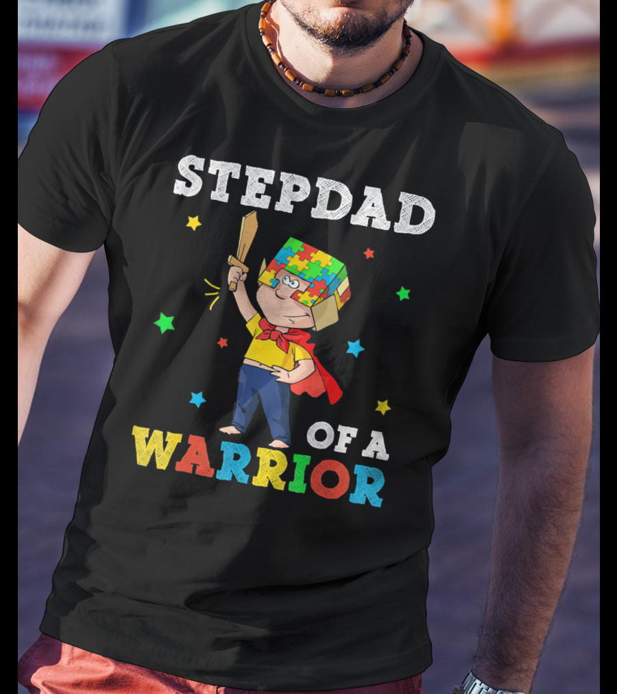 Stepdad Of A Warrior Autism Awareness Puzzle Hero T-Shirt