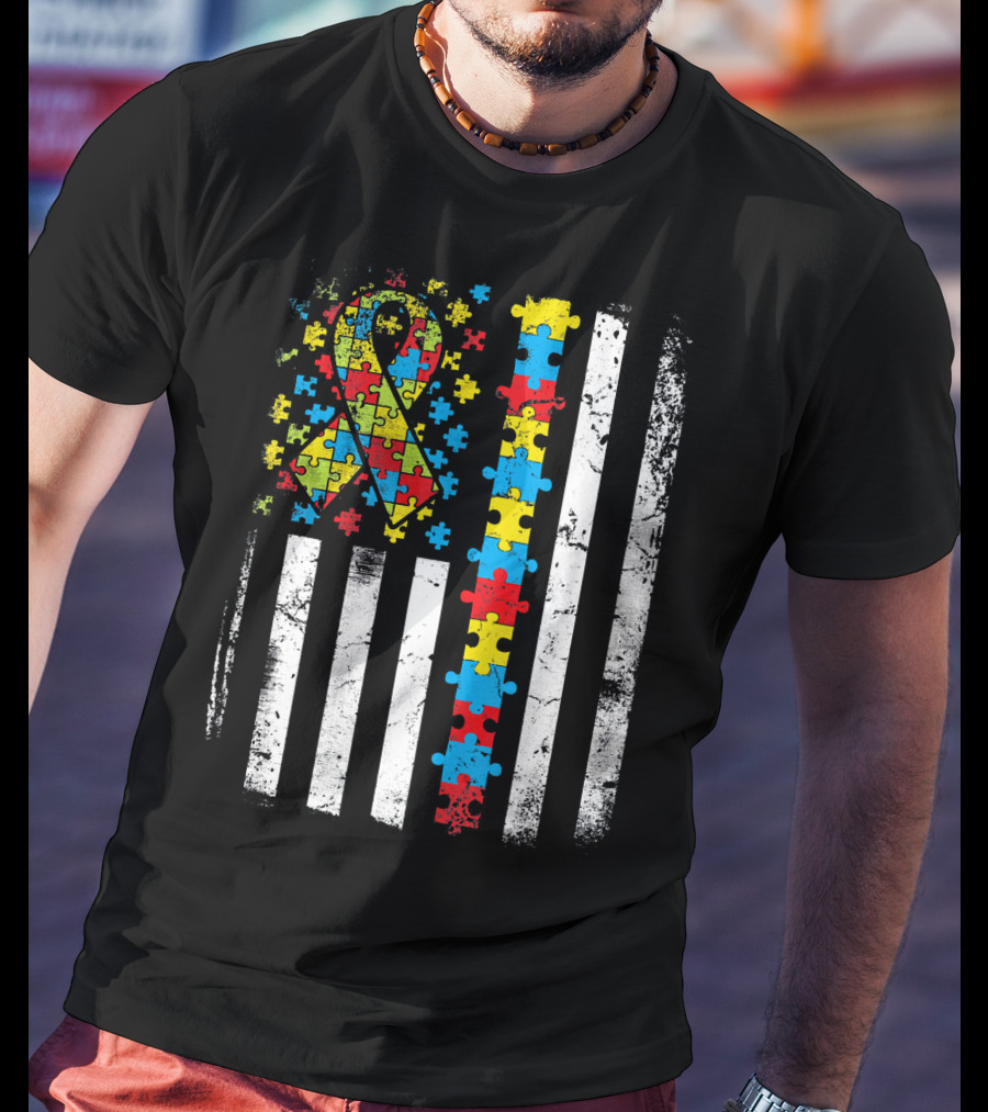 Autism Awareness American Flag Puzzle T-Shirt