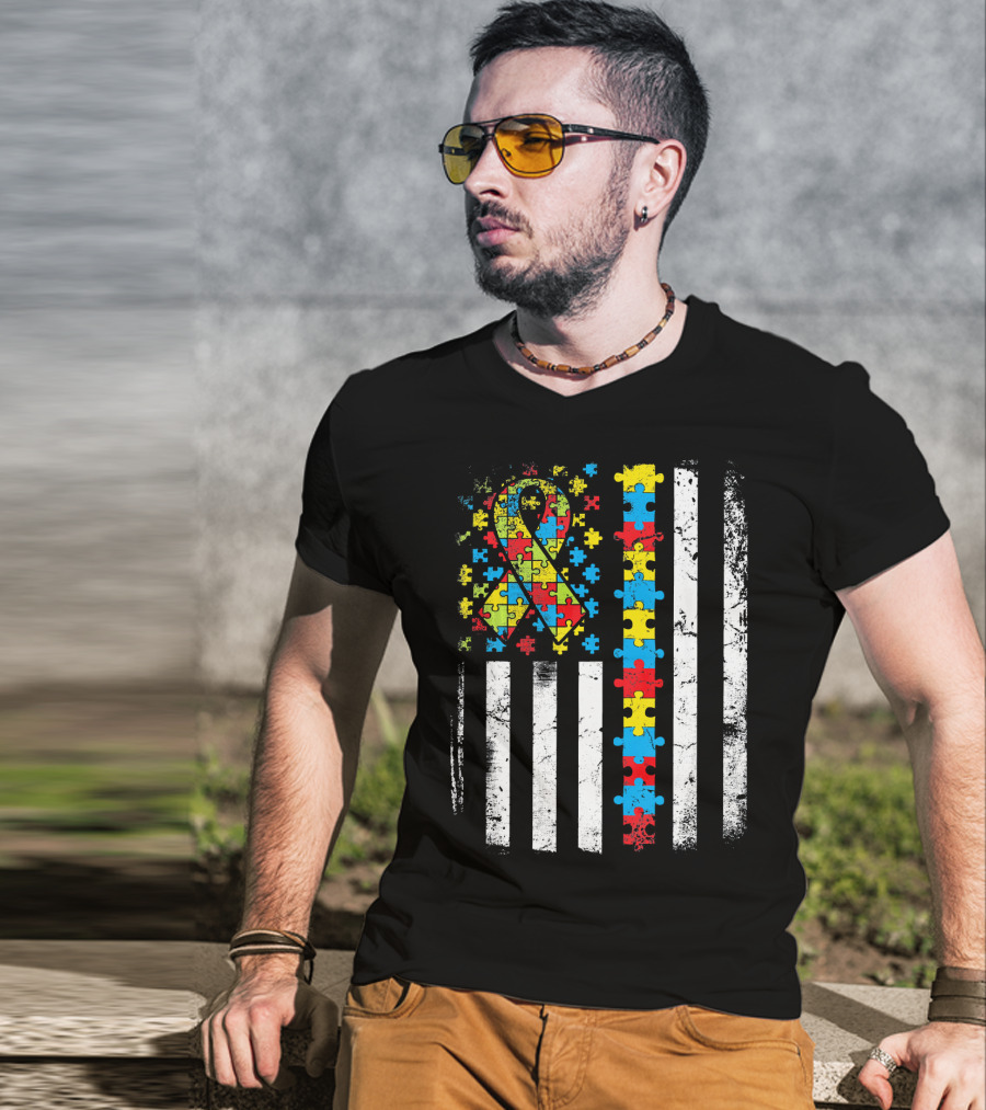 Autism Awareness American Flag Puzzle T-Shirt