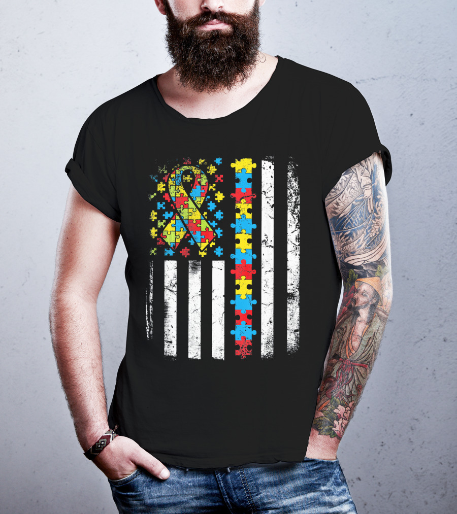 Autism Awareness American Flag Puzzle T-Shirt