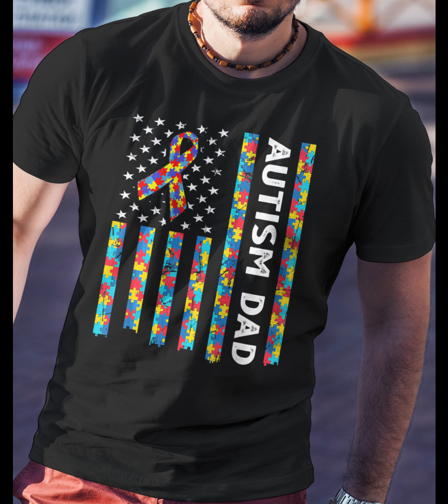 Autism Dad Awareness American Flag Puzzle T-Shirt