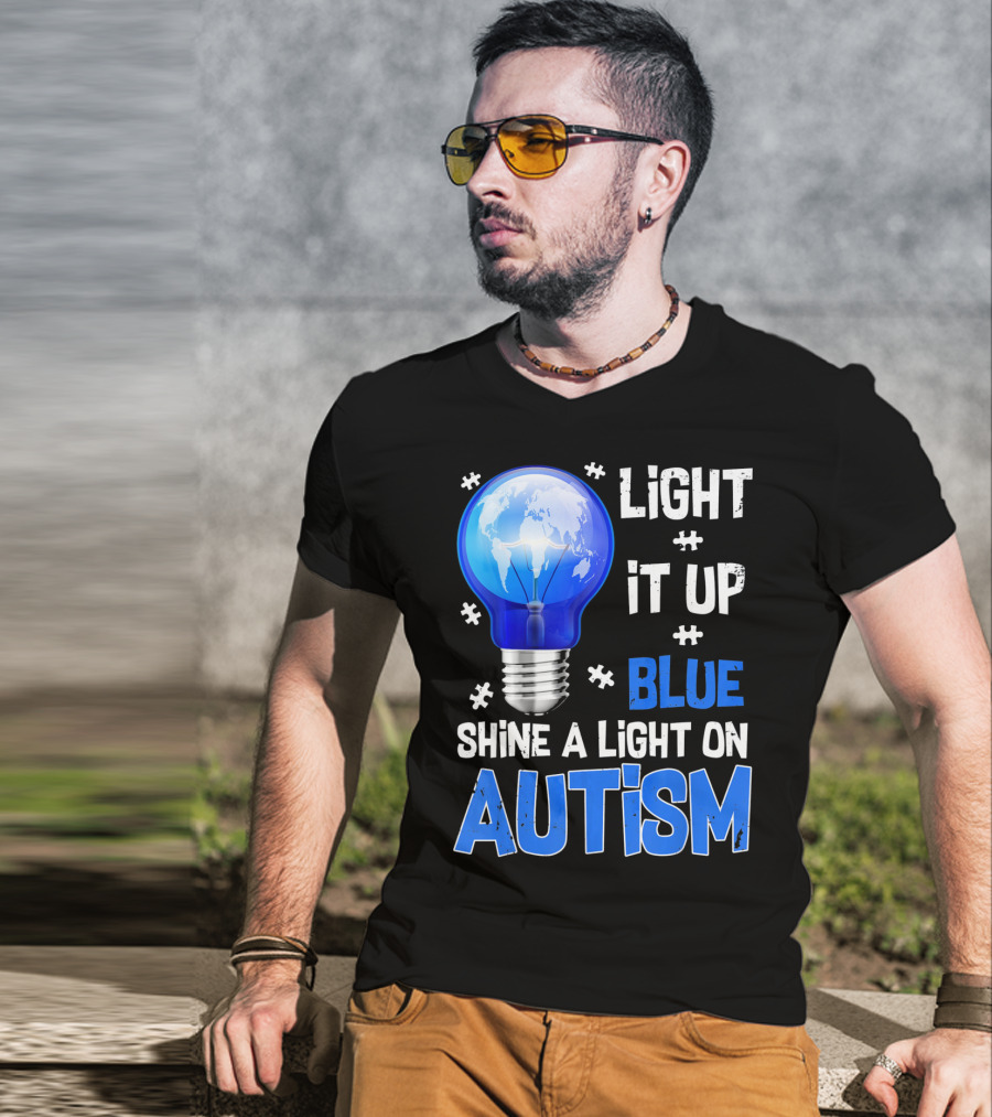 Light It Up Blue Shine A Light On Autism Light Bulb World Map T-Shirt