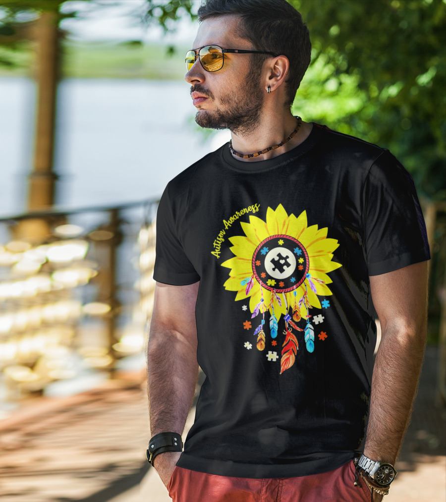Autism Awareness Dream Catcher Sunflower With Puzzle Pieces T-Shirt