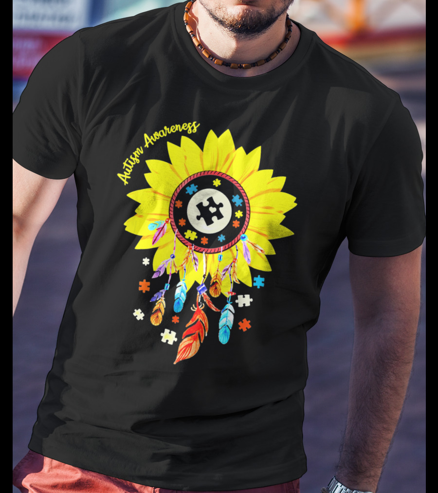 Autism Awareness Dream Catcher Sunflower With Puzzle Pieces T-Shirt