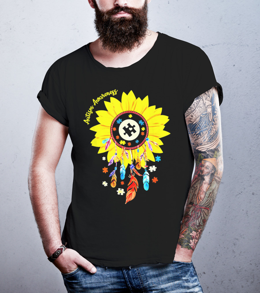 Autism Awareness Dream Catcher Sunflower With Puzzle Pieces T-Shirt