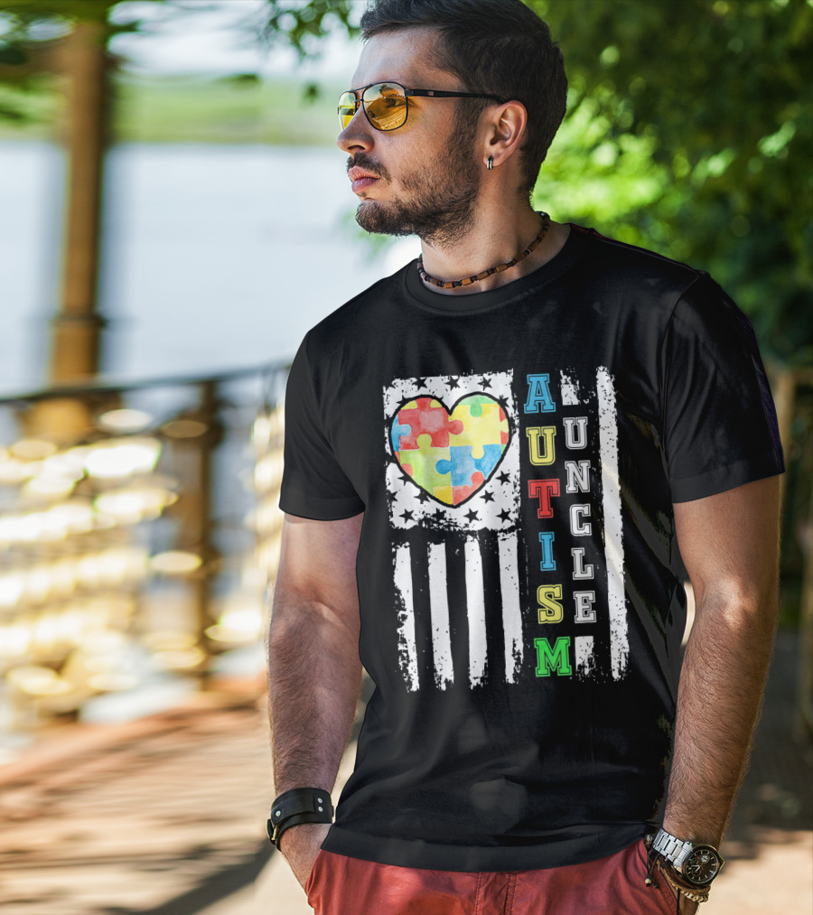 Autism Uncle US Flag Puzzle Heart T-Shirt