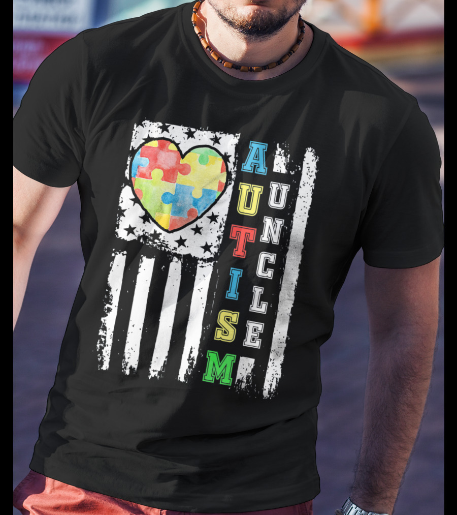 Autism Uncle US Flag Puzzle Heart T-Shirt