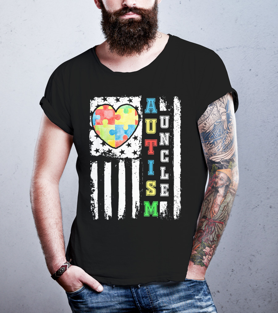 Autism Uncle US Flag Puzzle Heart T-Shirt