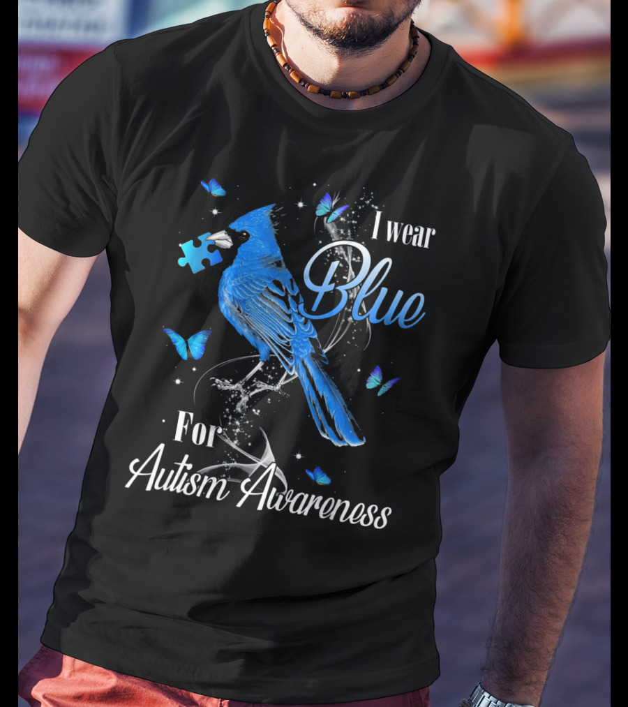 I Wear Blue For Autism Awareness Cardinal Bird Puzzle Piece Butterfly T-Shirt