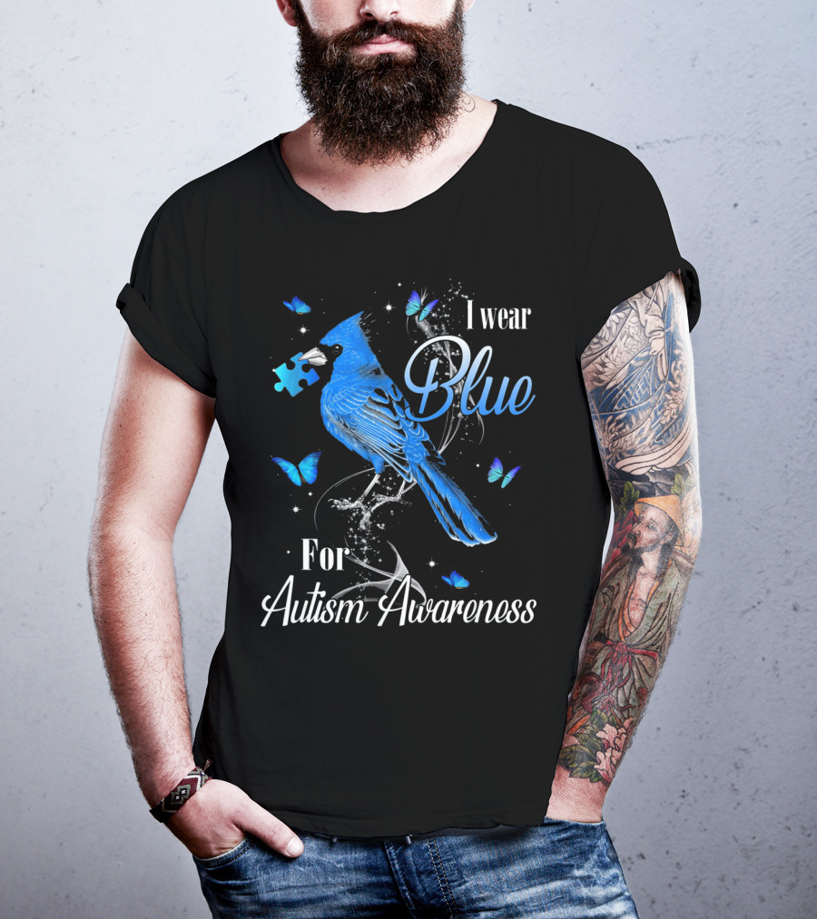 I Wear Blue For Autism Awareness Cardinal Bird Puzzle Piece Butterfly T-Shirt
