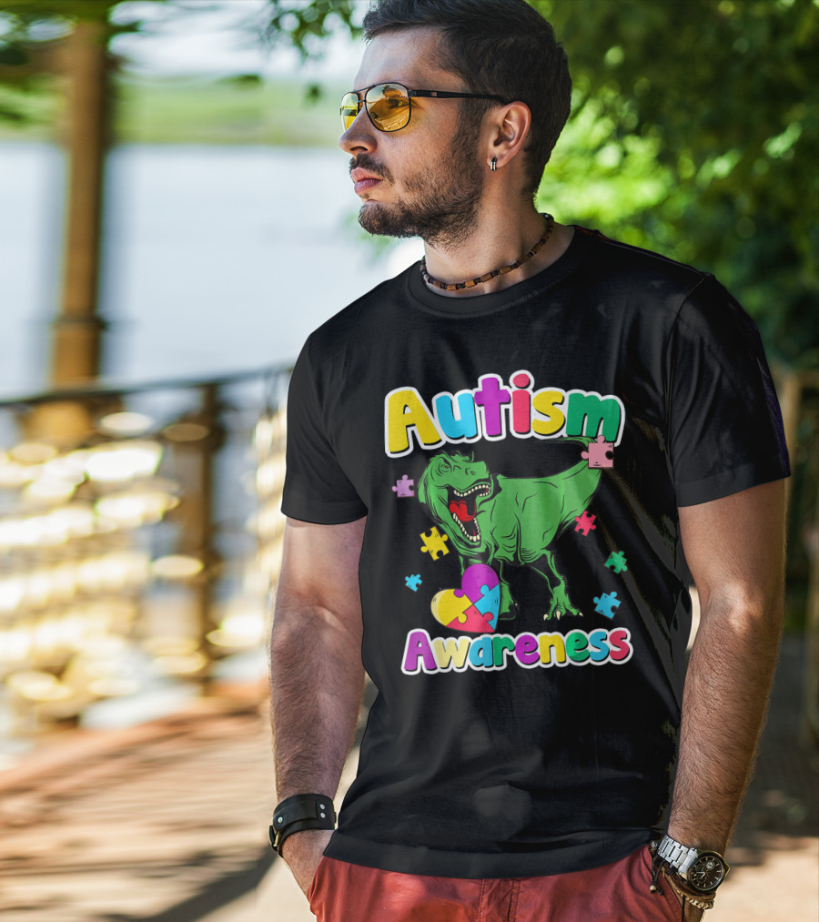 Autism Awareness Colorful Puzzle Tyrannosaurus T-Shirt