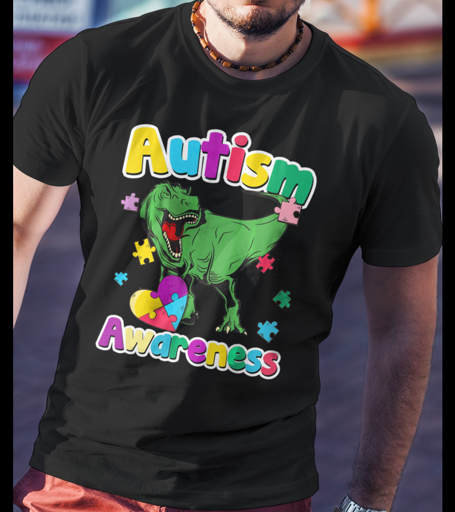 Autism Awareness Colorful Puzzle Tyrannosaurus T-Shirt