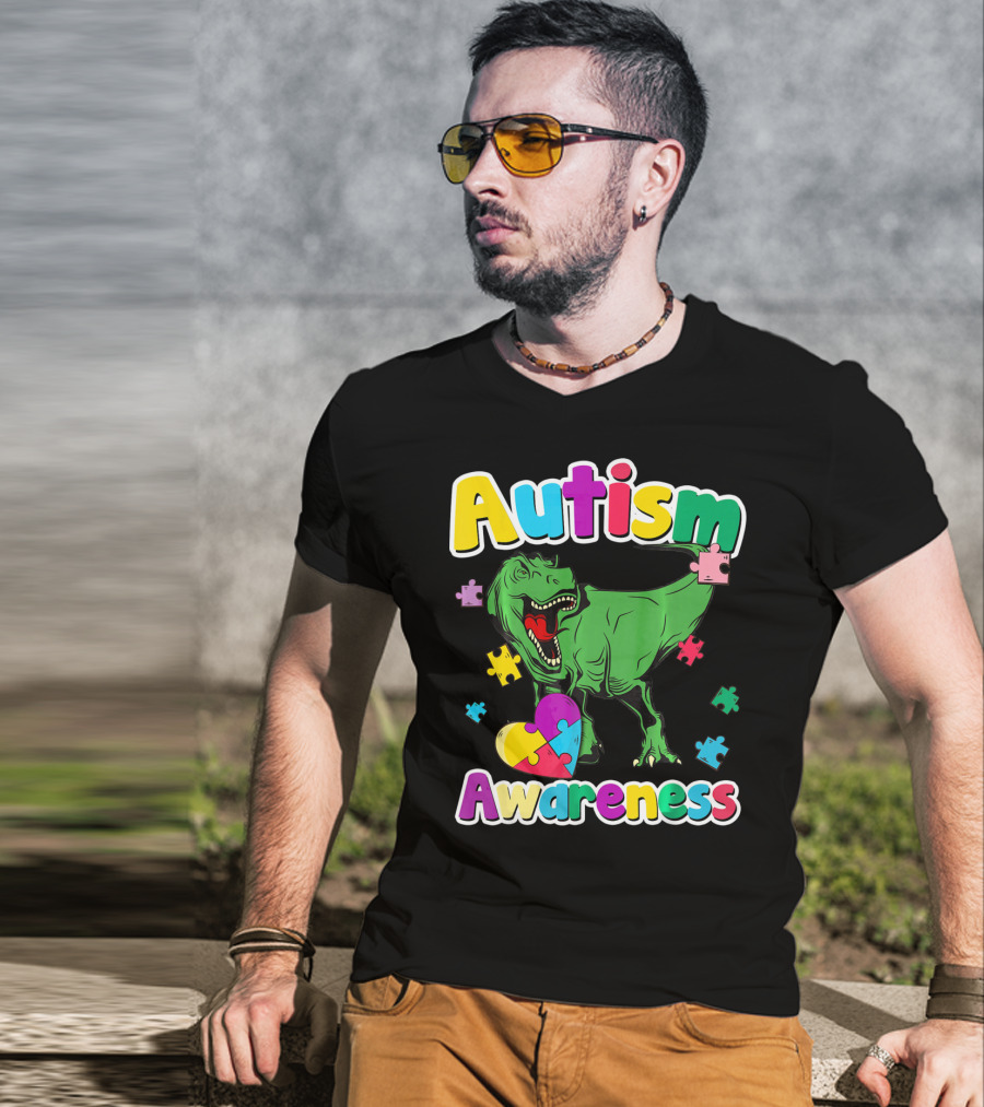 Autism Awareness Colorful Puzzle Tyrannosaurus T-Shirt